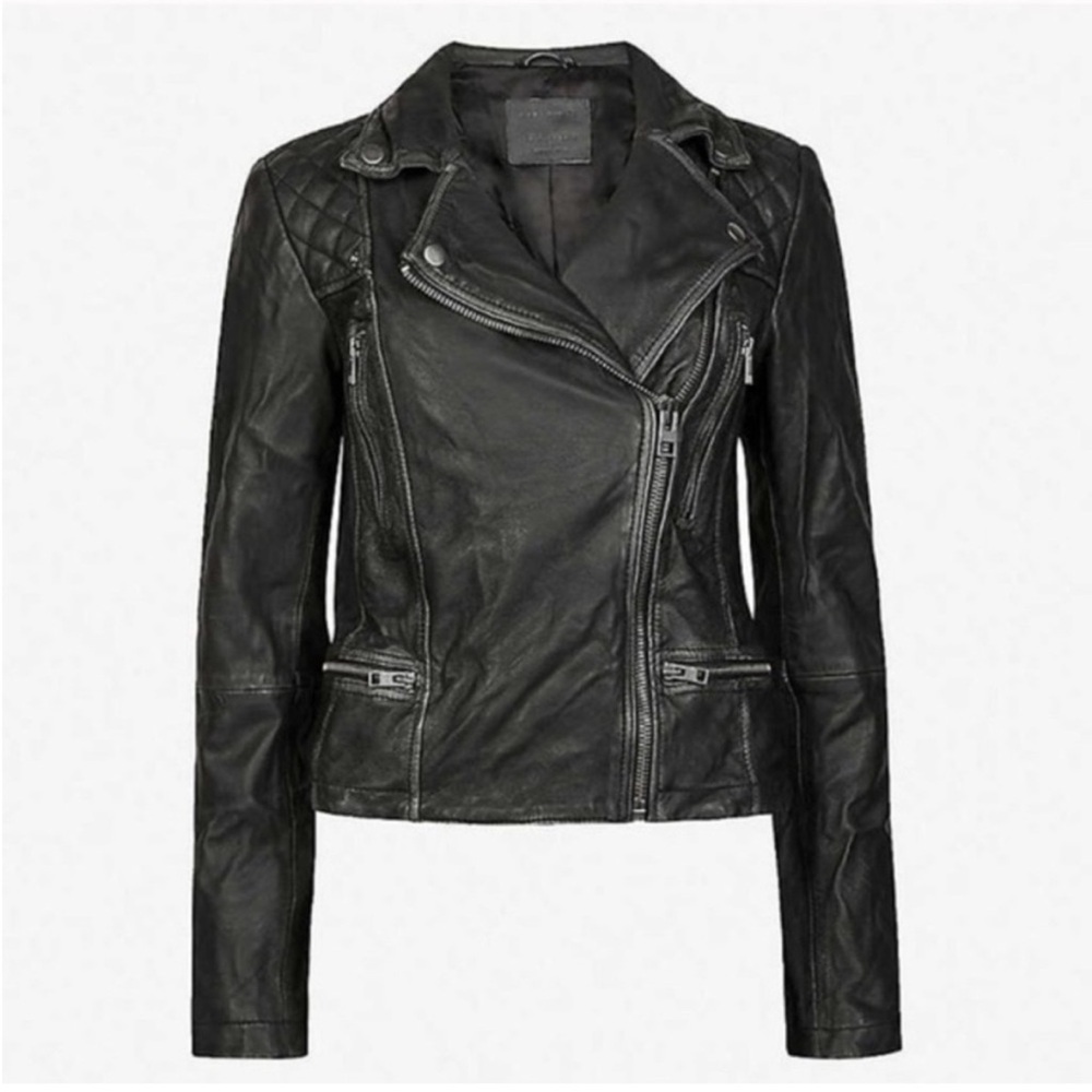 All Saints Charcoal Leather Biker Jacket - Picture 2 of 9